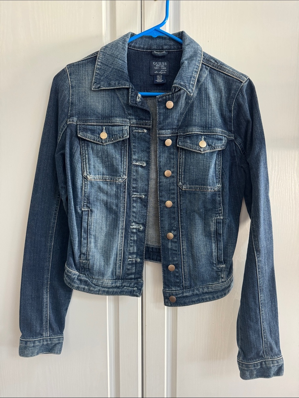 GUESS Distressed Blue Denim Jacket with Metal Buttons